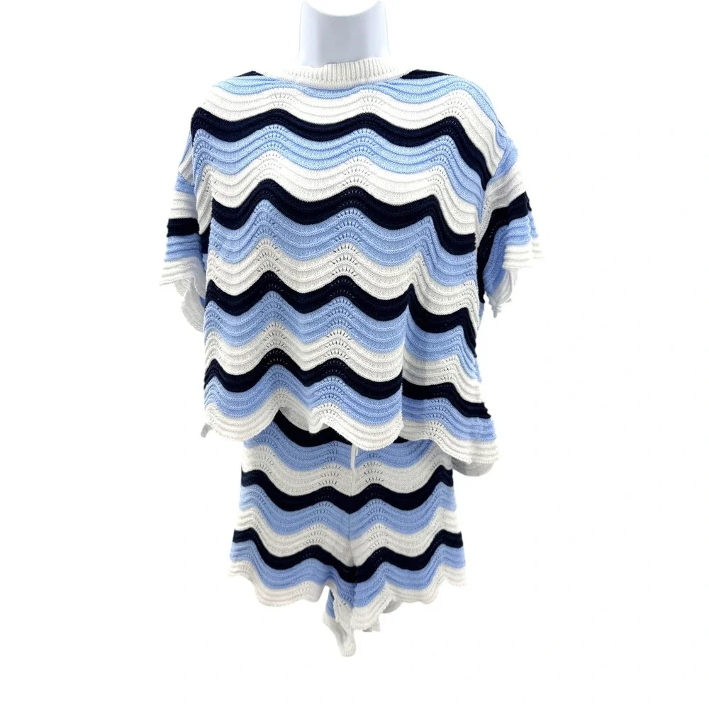 Hunter McGrady x Edited Blue White Chevron Crochet Knit Set Top XXL Shorts 1X